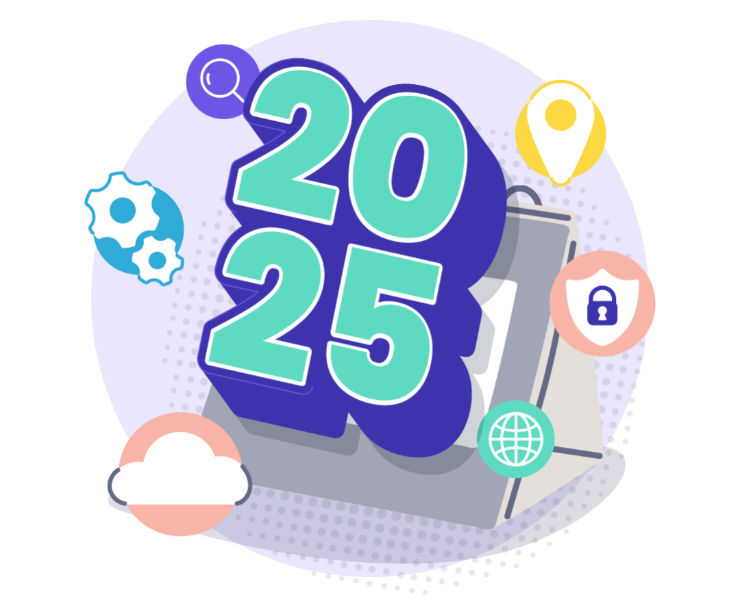 Illustration of a calendar displaying the year "2025" in bold, teal numbers with a purple background. Surrounding the calendar are icons representing technology trends: a cloud, gears, a location pin, a globe, and a security shield with a lock.