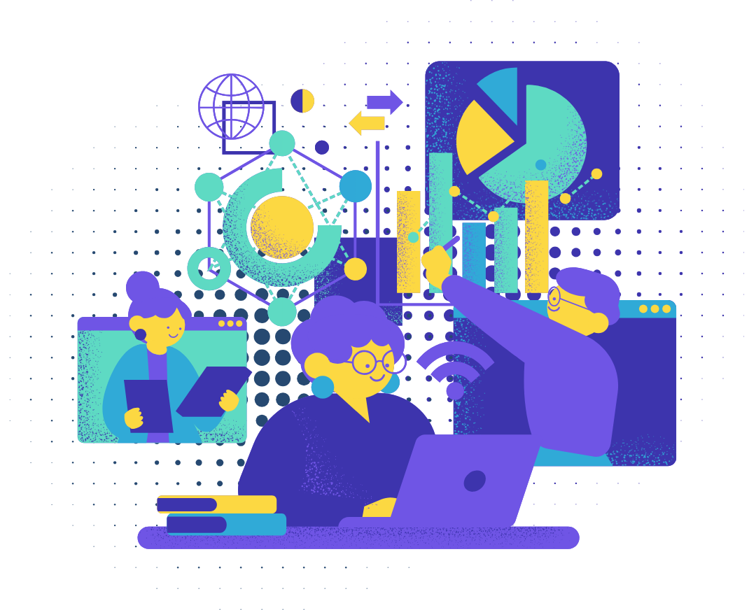 A vibrant illustration showing a team collaborating with digital tools.