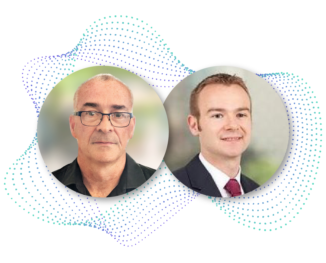 Headshots of Graeme Perrins and Luke Dunscombe of Deloitte Australia. The background features a modern abstract design with blue and green dotted elements.