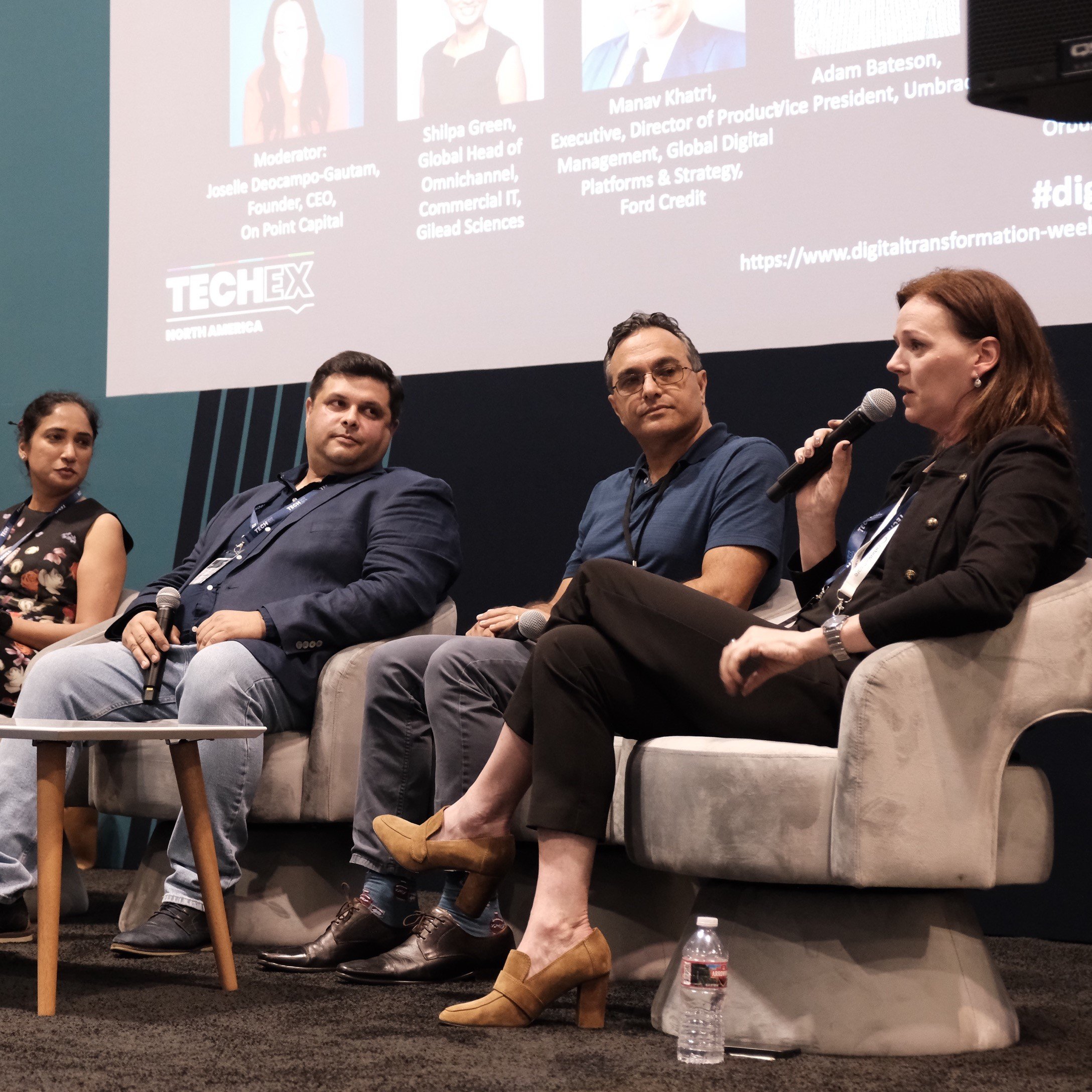 A panel discussion at Digital Transformation Week North America. Five panelists, including Brenda Cowie of Orbus Software, are discussing successful digital transformation roadmaps.
