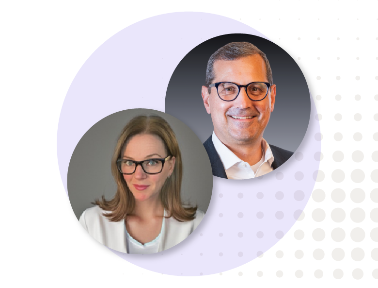 Headshots of Brenda Cowie from Orbus Software and Kurt Wysock from RCG Global Services, both wearing glasses and smiling. They are presented within circular frames, overlapping slightly, with a dotted, abstract background pattern in blue and green hues.