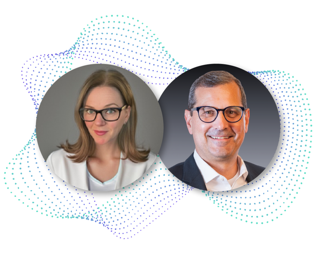 Headshots of Brenda Cowie from Orbus Software and Kurt Wysock from RCG Global Services, both wearing glasses and smiling. They are presented within circular frames, overlapping slightly, with a dotted, abstract background pattern in blue and green hues.