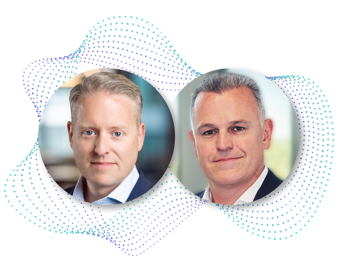 Headshots of Orbus Software CEO Gareth Burton (right) and Tim Smith, US leader for Monitor Deloitte’s Technology Strategy & Business Transformation Practice (left), displayed side by side with a dotted, colorful design in the background.