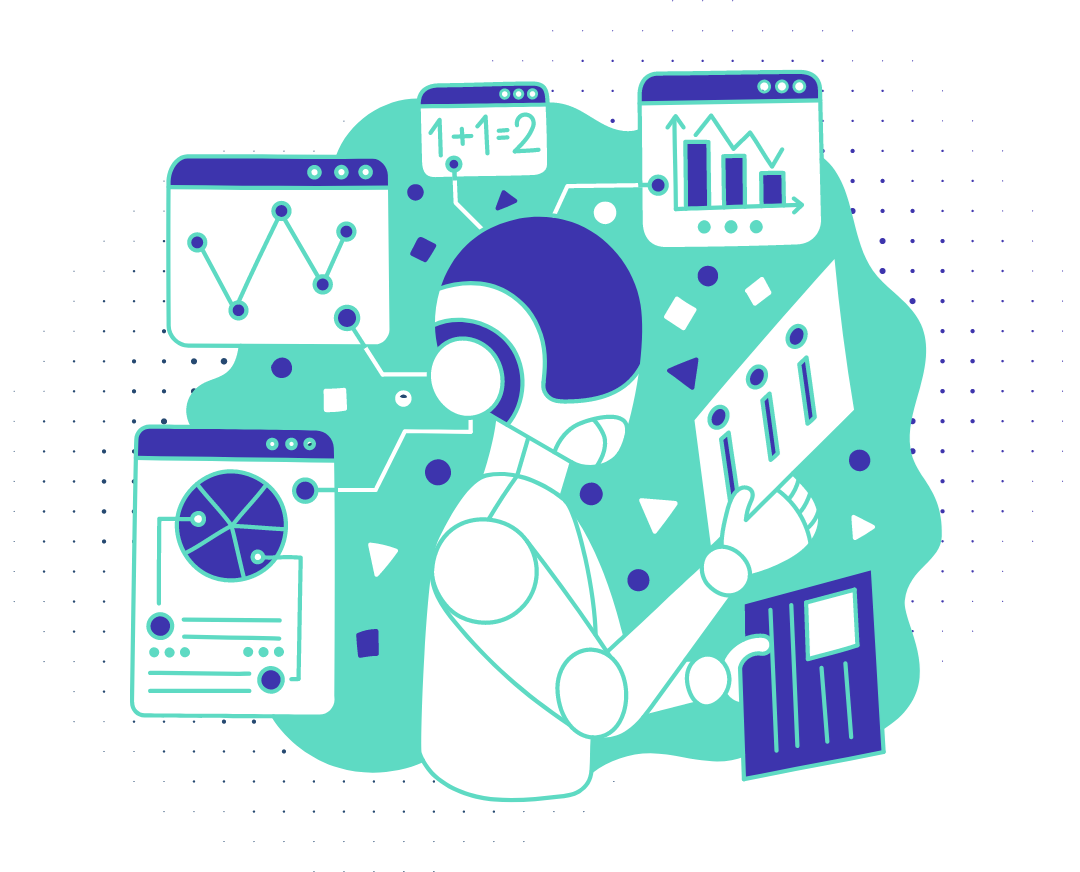 Graphic illustration of robot/AI looking at business data