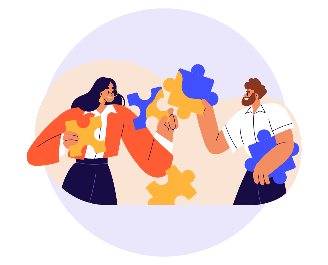 Illustration of two professionals collaborating by assembling oversized puzzle pieces, symbolizing teamwork, partnership, and problem-solving.