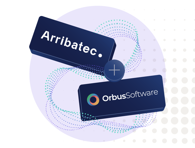 Graphic showing the logos of Arribatec Group and Orbus Software on dark blue rectangular blocks, connected by a plus sign ( ) over a purple circular background, indicating a