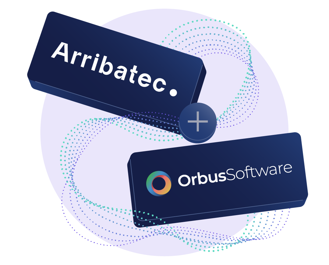 Graphic showing the logos of Arribatec Group and Orbus Software on dark blue rectangular blocks, connected by a plus sign ( ) over a purple circular background, indicating a