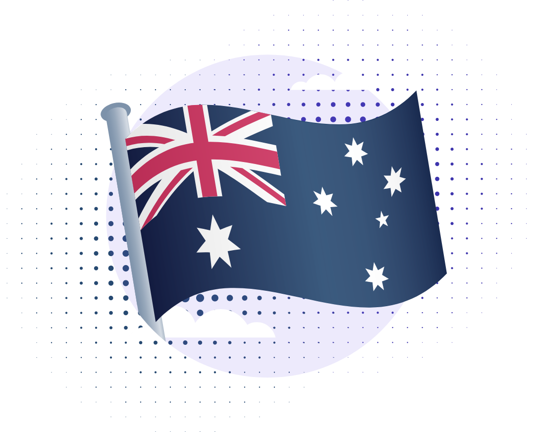 Circular illustration of the Australian flag on a flagpole, with subtle cloud shapes in the background.