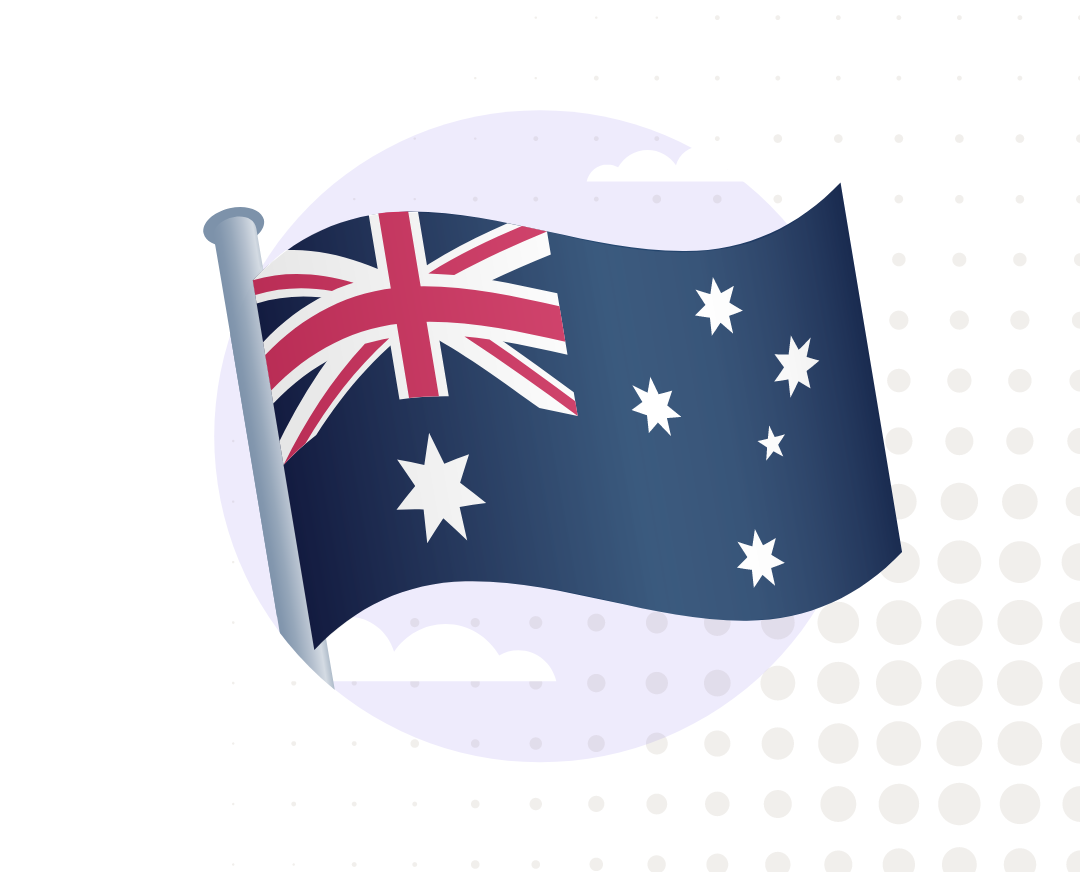 Circular illustration of the Australian flag on a flagpole, with subtle cloud shapes in the background.