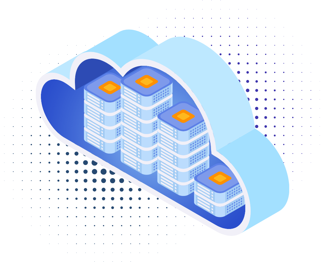 Illustration of a cloud containing stacks of servers, representing cloud computing and data storage solutions. The design emphasizes the infrastructure and capability of cloud service providers.