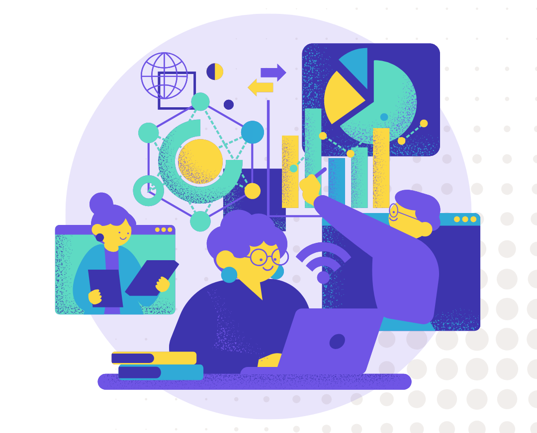 A vibrant illustration showing a team collaborating with digital tools.