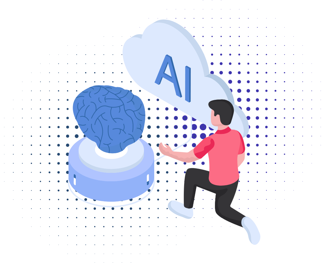 An illustration featuring a person interacting with a large brain connected to a cloud labeled "AI".