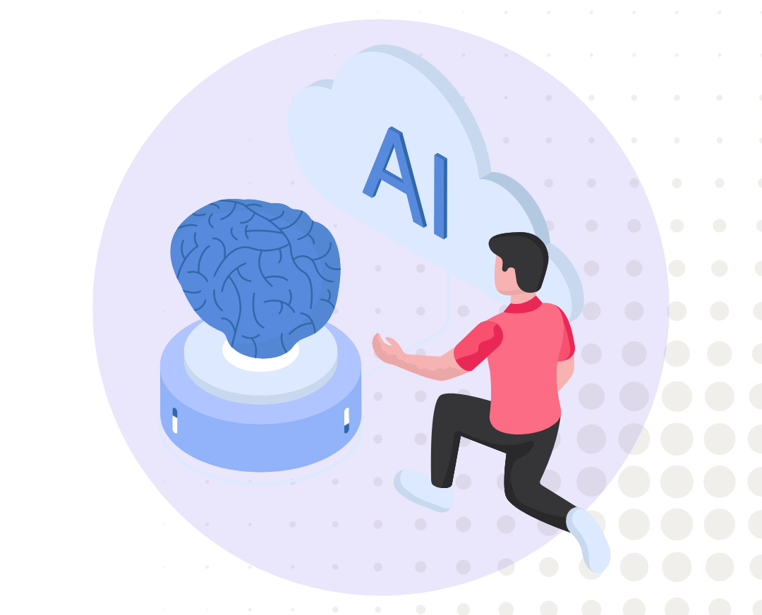 An illustration featuring a person interacting with a large brain connected to a cloud labeled "AI".