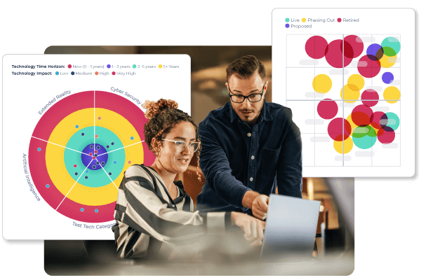 Two colleagues discussing a project on a laptop with data visualizations, including a radar chart and a bubble chart, displayed in the background