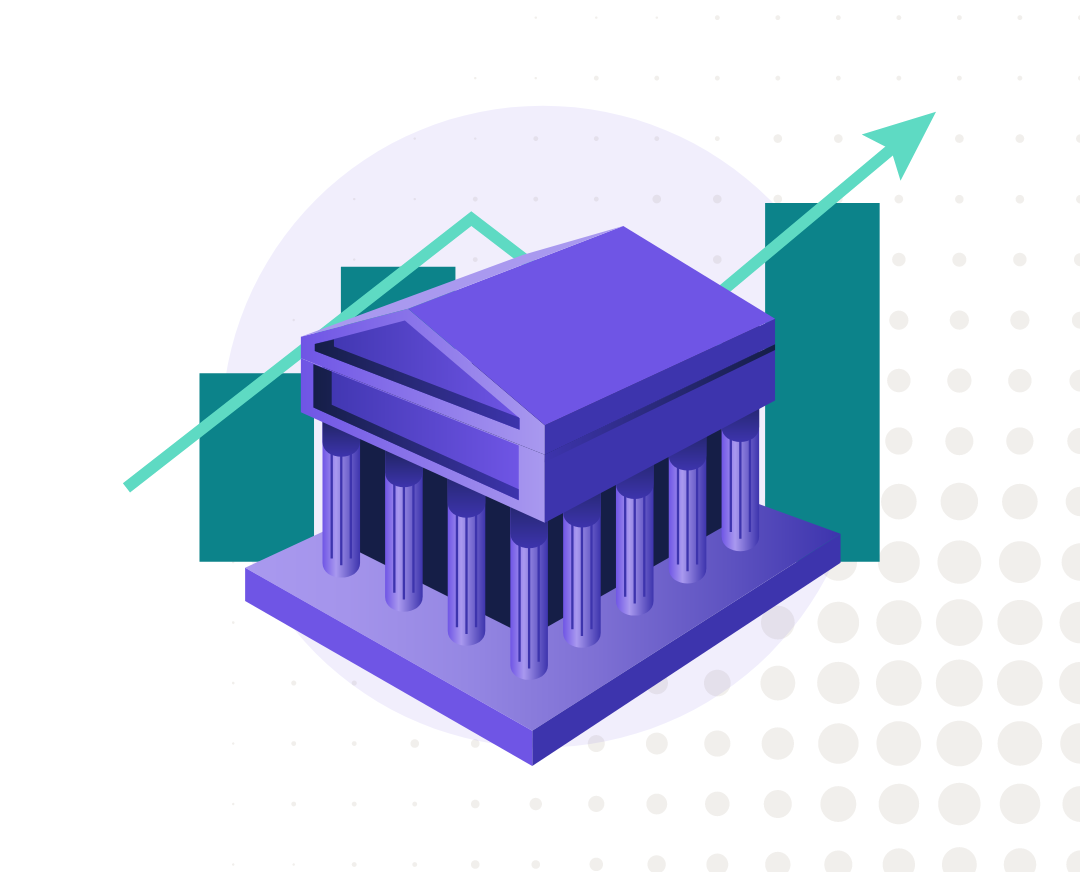 Illustration of a classical financial institution building with columns, set against a background of upward-trending charts and graphs. The image has a vibrant purple and blue color scheme.