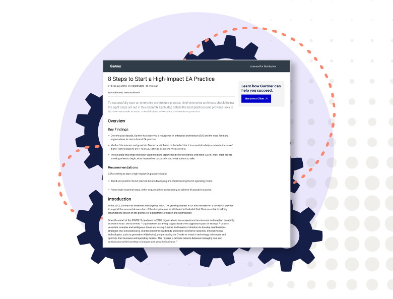 Illustration showing a preview of a Gartner report titled '8 Steps to Start a High-Impact EA Practice.' The report is displayed on a document against a circular purple background with gear icons, symbolizing strategic enterprise architecture.