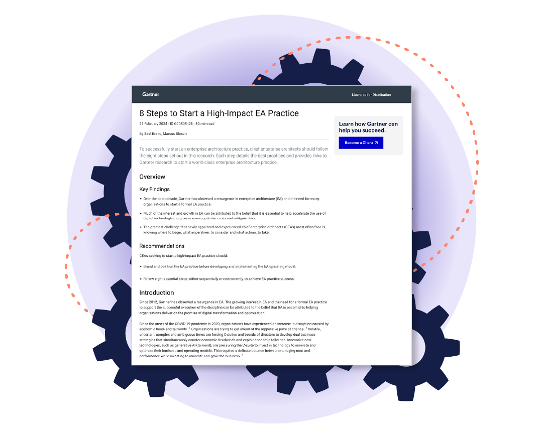 Illustration showing a preview of a Gartner report titled '8 Steps to Start a High-Impact EA Practice.' The report is displayed on a document against a circular purple background with gear icons, symbolizing strategic enterprise architecture.