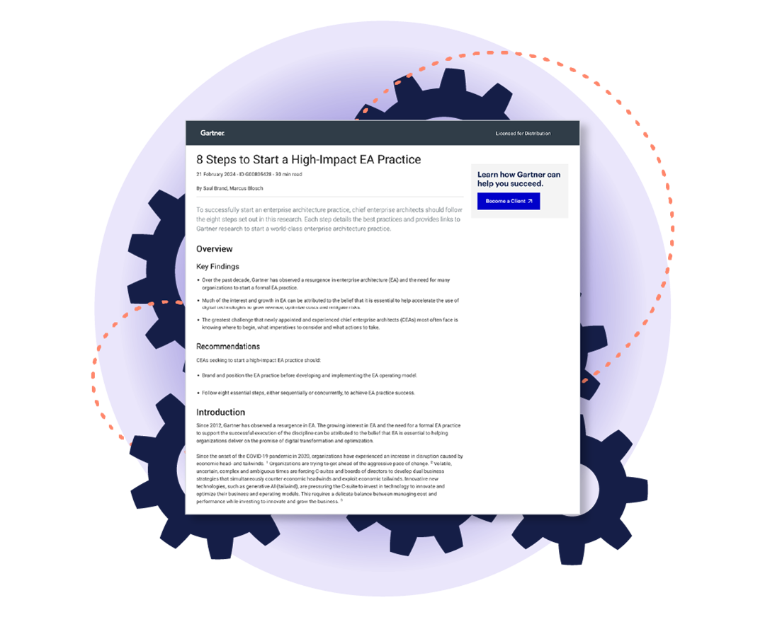 Illustration showing a preview of a Gartner report titled '8 Steps to Start a High-Impact EA Practice.' The report is displayed on a document against a circular purple background with gear icons, symbolizing strategic enterprise architecture.