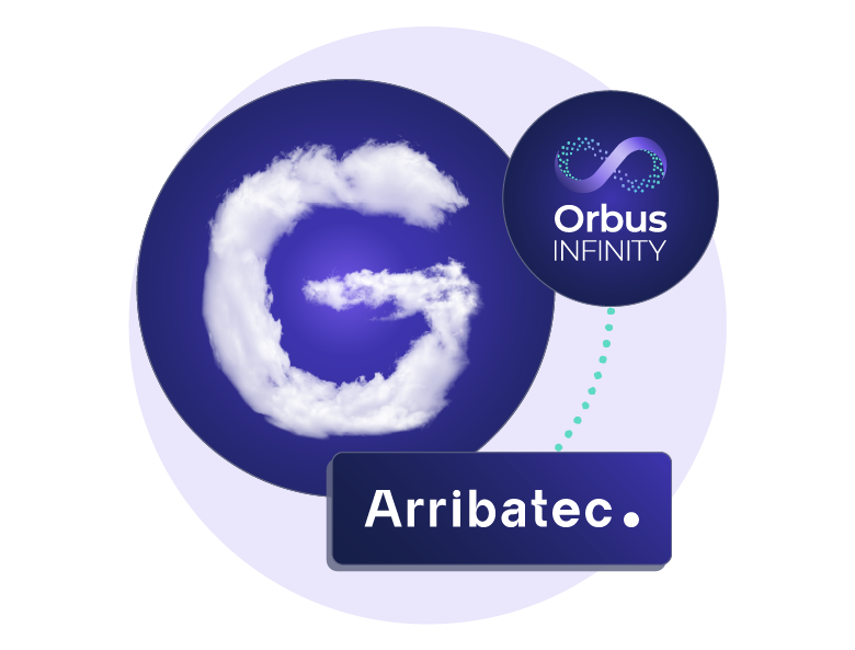 A stylized 'G' made of clouds, symbolizing cloud technology, with the OrbusInfinity logo in the top right corner. Below, the name 'Arribatec' is displayed in a dark blue box, highlighting the collaboration between Orbus Software and Arribatec.