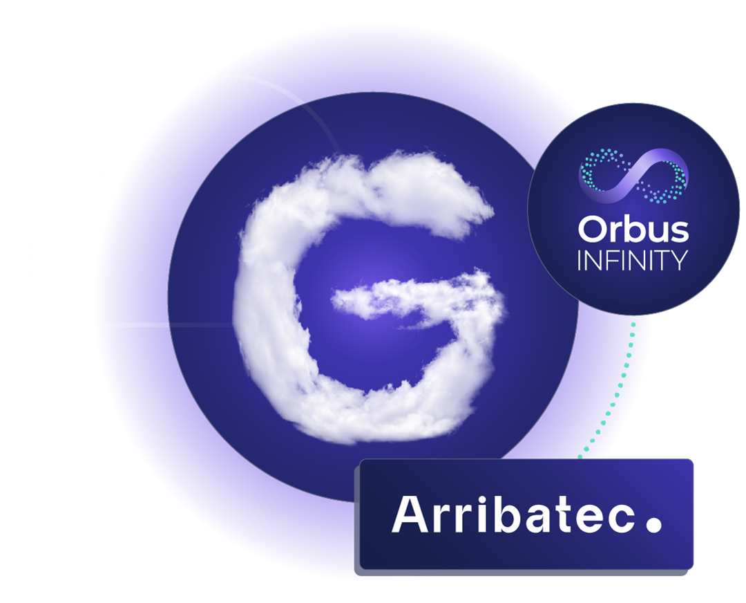 A stylized 'G' made of clouds, symbolizing cloud technology, with the OrbusInfinity logo in the top right corner. Below, the name 'Arribatec' is displayed in a dark blue box, highlighting the collaboration between Orbus Software and Arribatec.