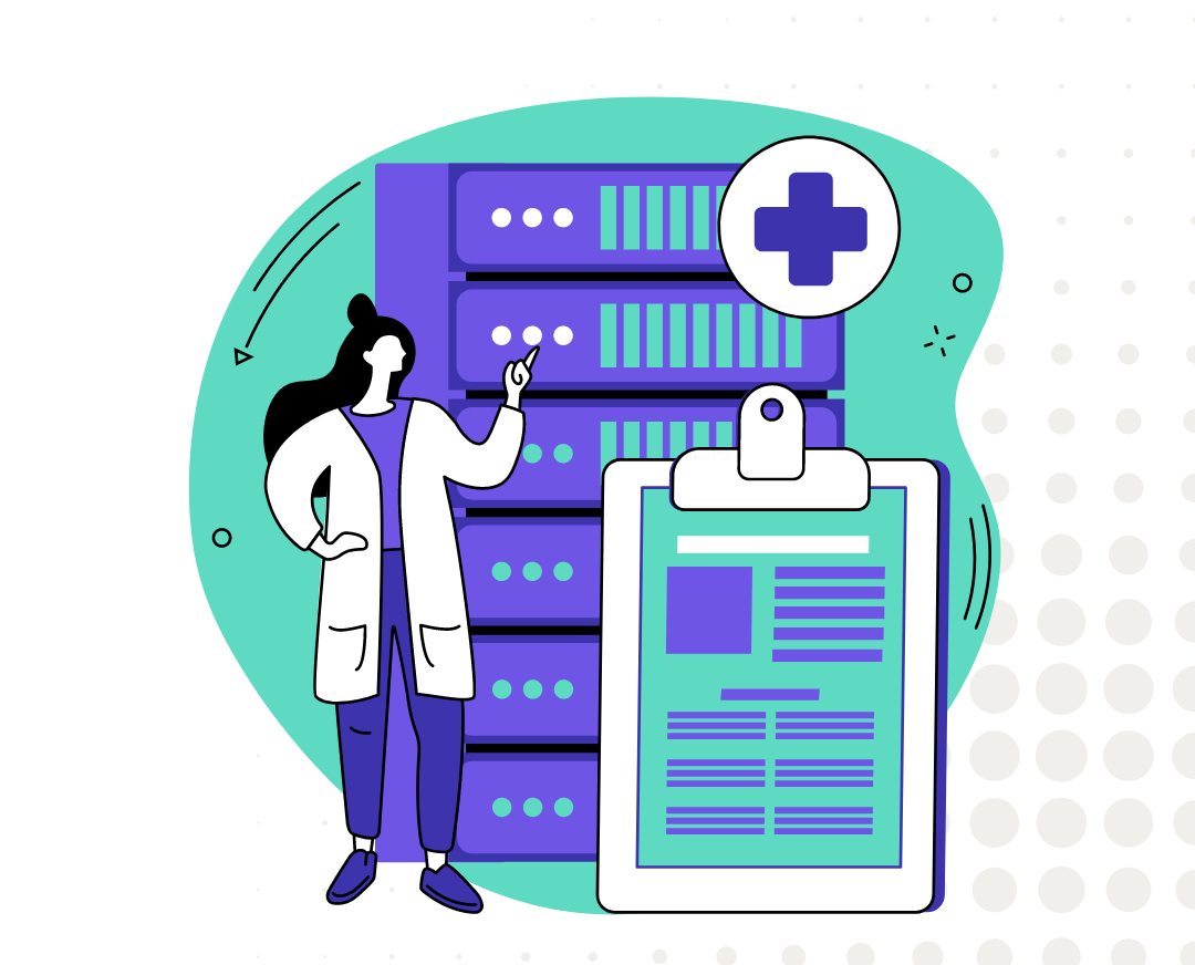 A stylized illustration of a woman in a lab coat pointing at a server rack with a clipboard showing a medical document icon next to her.