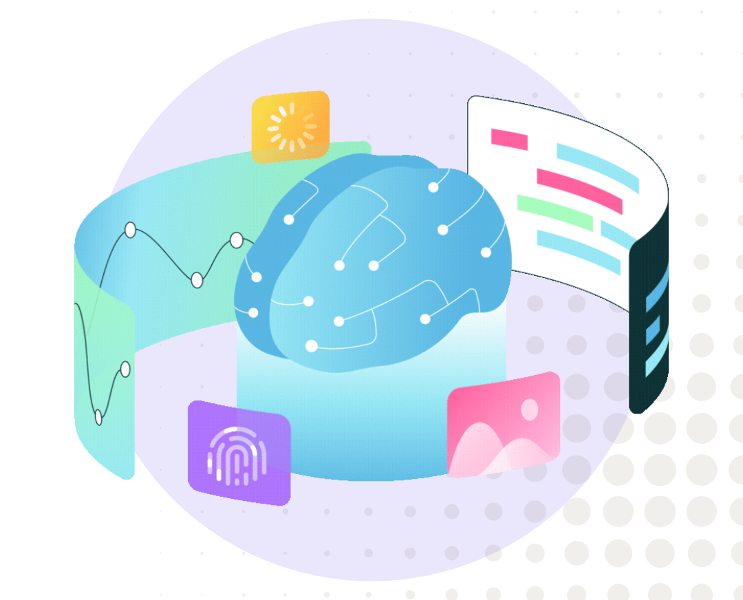 An illustration featuring a stylized brain surrounded by data visualizations. It includes graphs, charts, and icons to represent the concept of digital transformation and analytics.