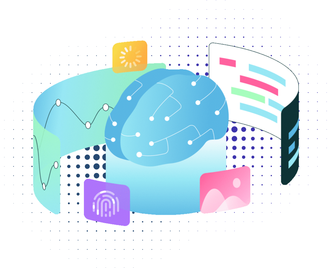 An illustration featuring a stylized brain surrounded by data visualizations. It includes graphs, charts, and icons to represent the concept of digital transformation and analytics.