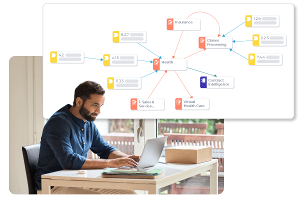 Man working on a laptop at a desk with a business flowchart on health and insurance processes displayed on the screen in the background