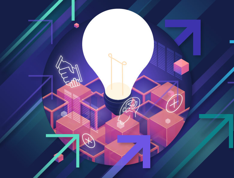 Abstract graphic with upward-facing in shades of purple and blue, featuring symbolic representations of innovation and technology like a light bulb, handshake, and brain.