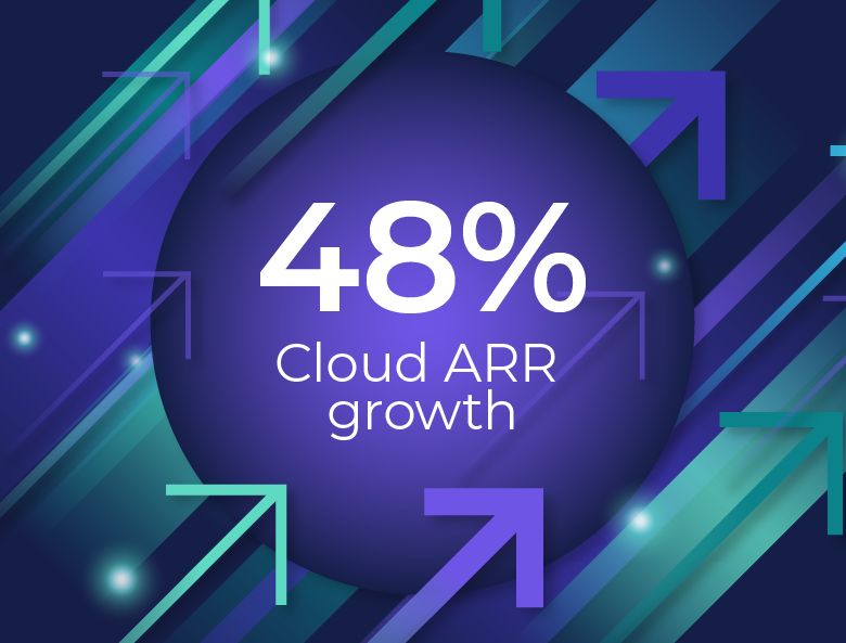 48% Cloud ARR growth. The text is centered within a circular gradient background. The surrounding design features various dynamic arrows in shades of blue and green, pointing upwards to signify growth.