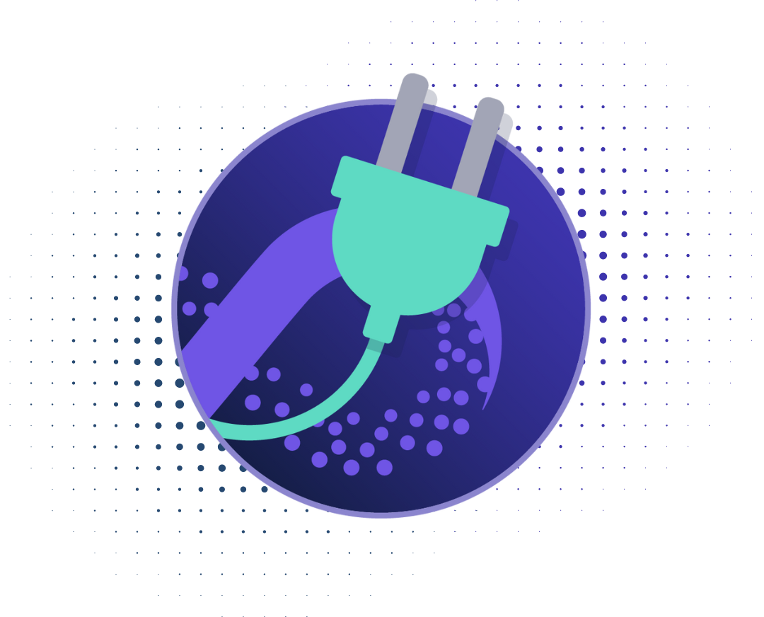 A circular icon with a dark purple background featuring a stylized green power plug.  The icon represents OrbusInfinity Flow, an iPaaS solution by Orbus Software, symbolizing integration and connectivity.