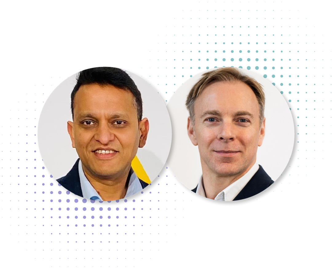 Headshots of Rupert Colbourne, CTO at Orbus Software, and Vikas Goel, AI Advisor and Director at Shiker Consulting, displayed in circular frames with a dotted background
