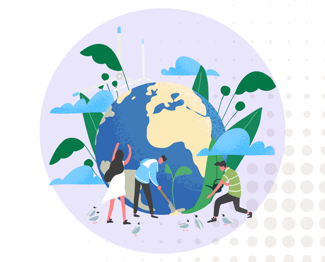 Illustration of three individuals planting trees around a globe surrounded by greenery and wind turbines, representing global sustainability and environmental initiatives.