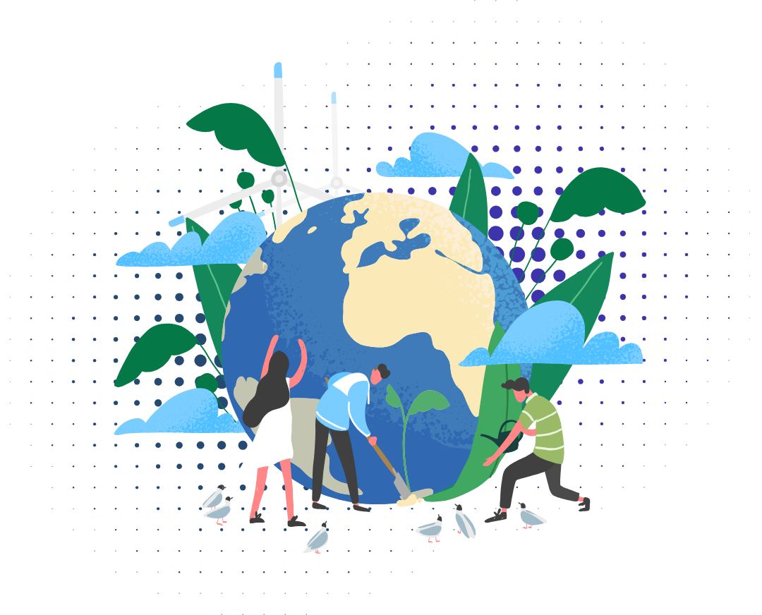 Illustration of three individuals planting trees around a globe surrounded by greenery and wind turbines, representing global sustainability and environmental initiatives.