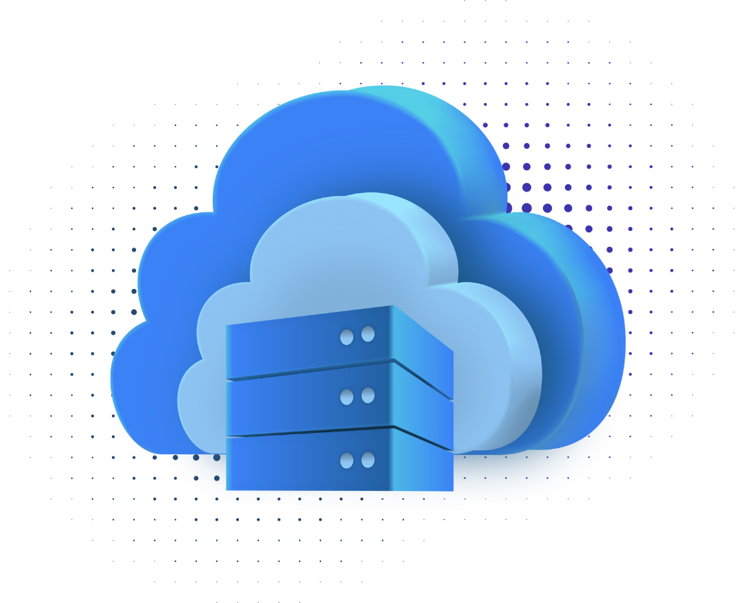 Graphic illustration of cloud storage with a server icon against a gradient blue background with dotted wave patterns