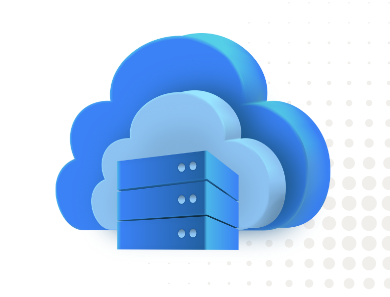 Graphic illustration of cloud storage with a server icon against a gradient blue background with dotted wave patterns