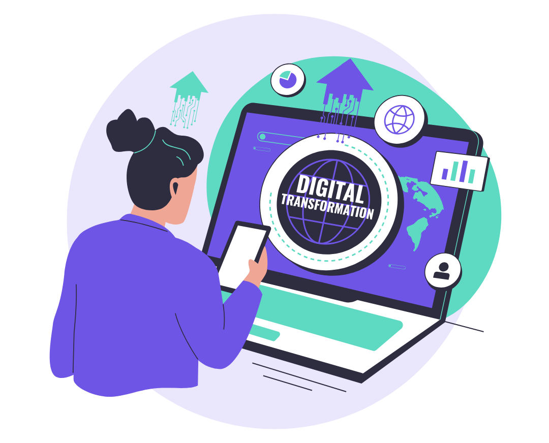 Illustration of a person interacting with a digital transformation interface displayed on a laptop. The screen shows a globe labeled 'Digital Transformation,' surrounded by icons for data charts, a network, and user profiles.