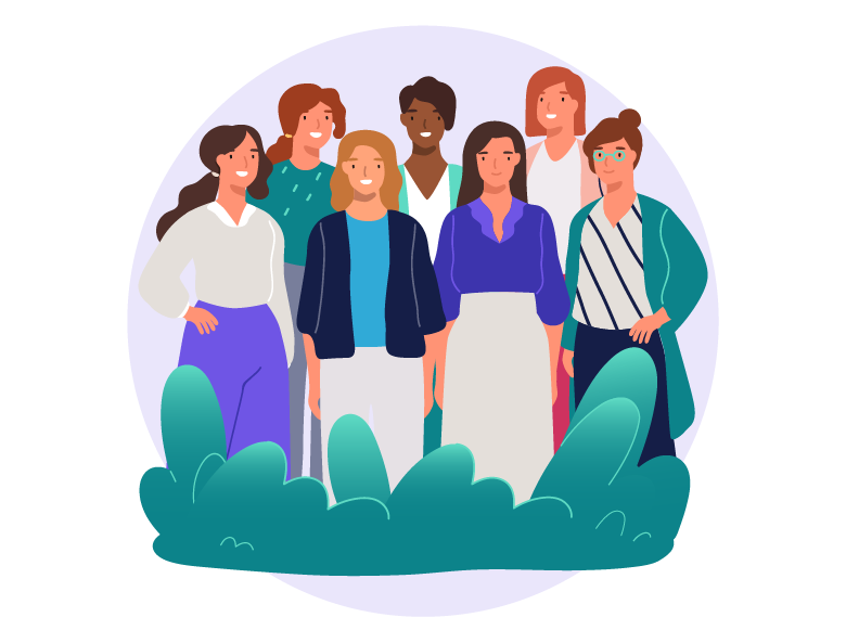 Illustration of a diverse group of seven women standing together, smiling and dressed in professional attire, symbolizing unity, empowerment, and inclusivity.