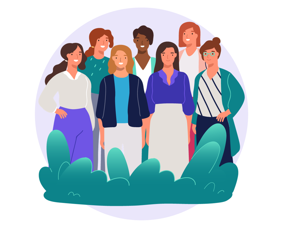 Illustration of a diverse group of seven women standing together, smiling and dressed in professional attire, symbolizing unity, empowerment, and inclusivity.