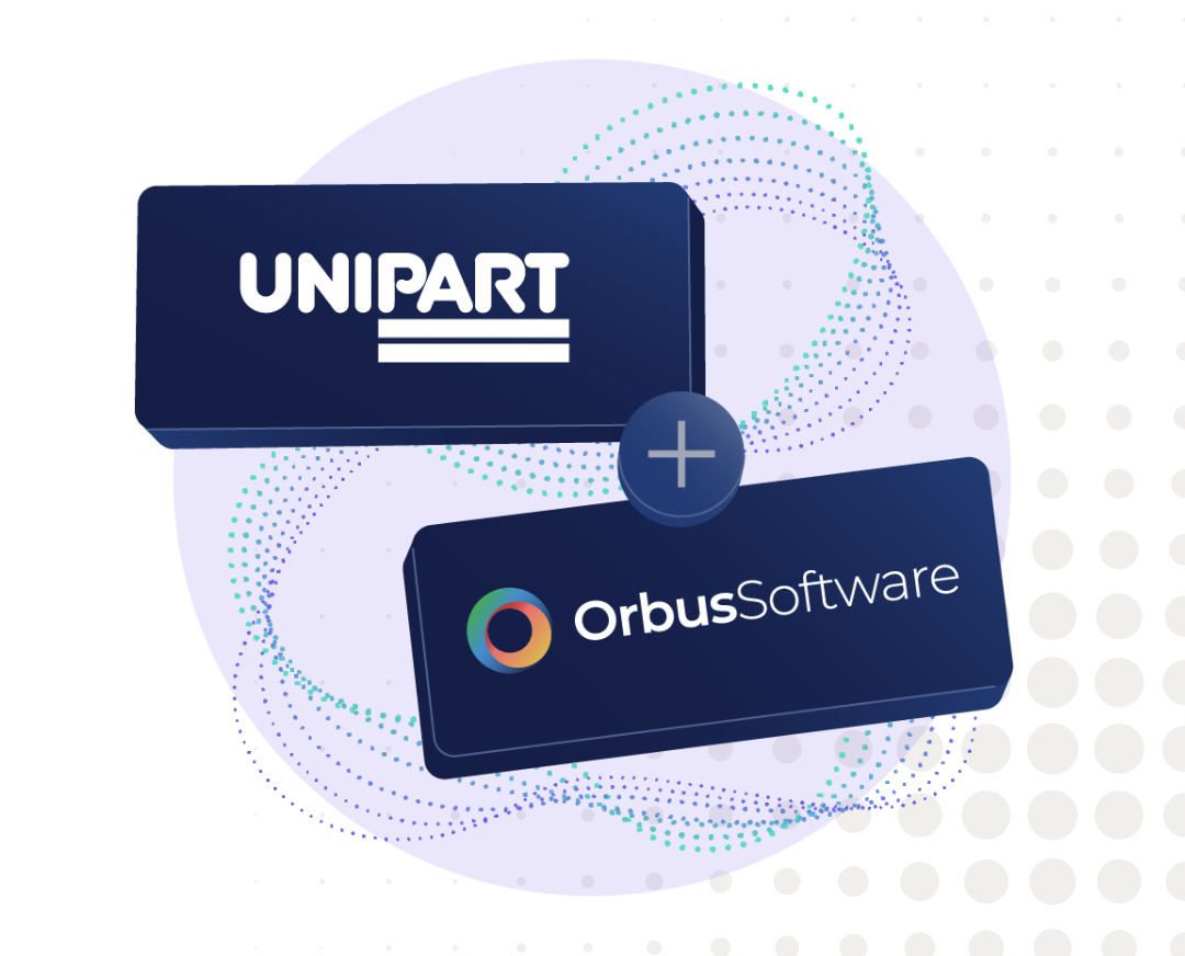 A graphic showing two logo blocks stacked diagonally. The top logo reads "Unipart" in white text on a dark blue background, while the bottom logo reads "Orbus Software" with the Orbus Software logo in color.