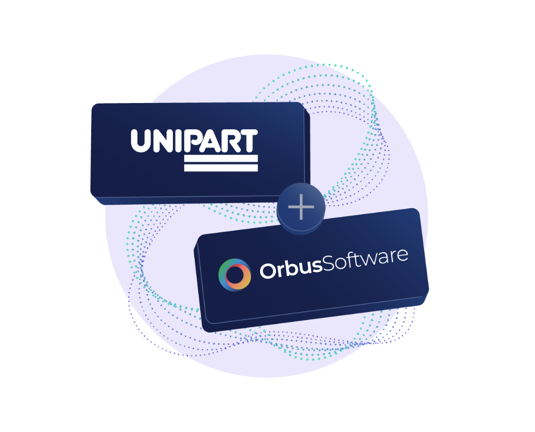 A graphic showing two logo blocks stacked diagonally. The top logo reads "Unipart" in white text on a dark blue background, while the bottom logo reads "Orbus Software" with the Orbus Software logo in color.