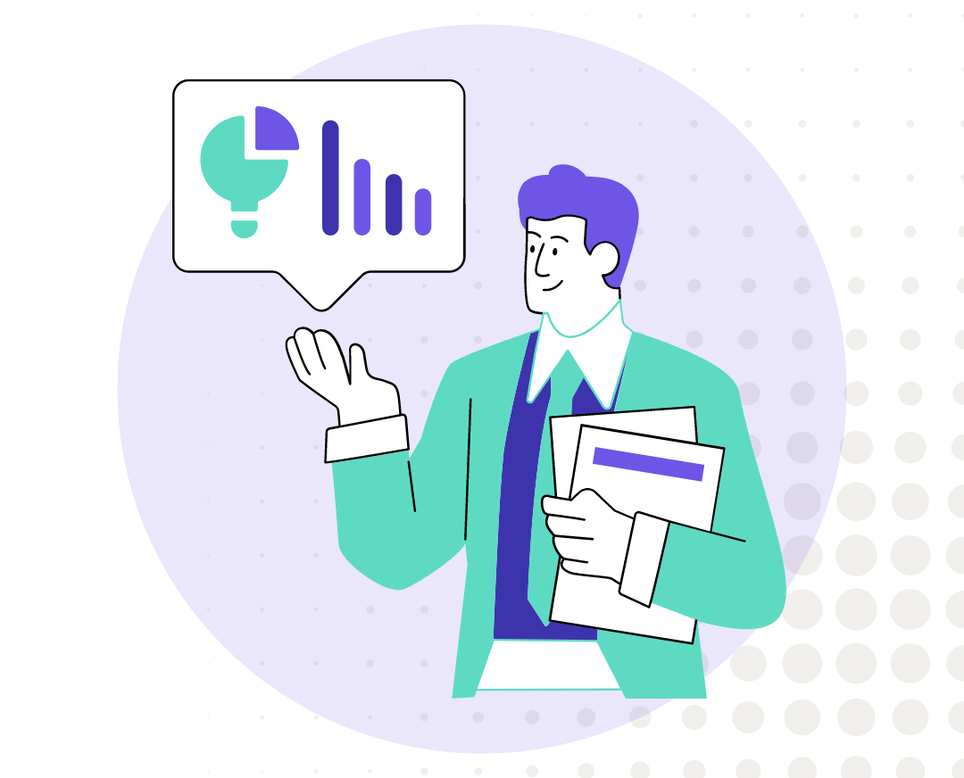 Illustration of a business professional holding documents and gesturing towards a speech bubble containing a pie chart and bar graph.