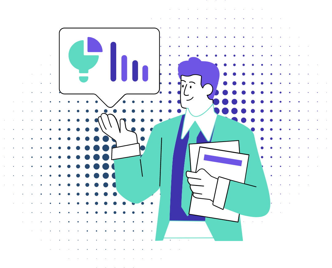 Illustration of a business professional holding documents and gesturing towards a speech bubble containing a pie chart and bar graph.