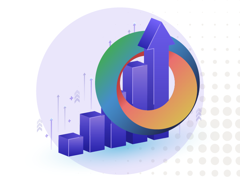 Illustration of a bar chart with an upward arrow encircled by a gradient-colored Orbus Software logo. The background features dynamic purple tones and additional rising arrows, symbolizing growth, progress, and success.