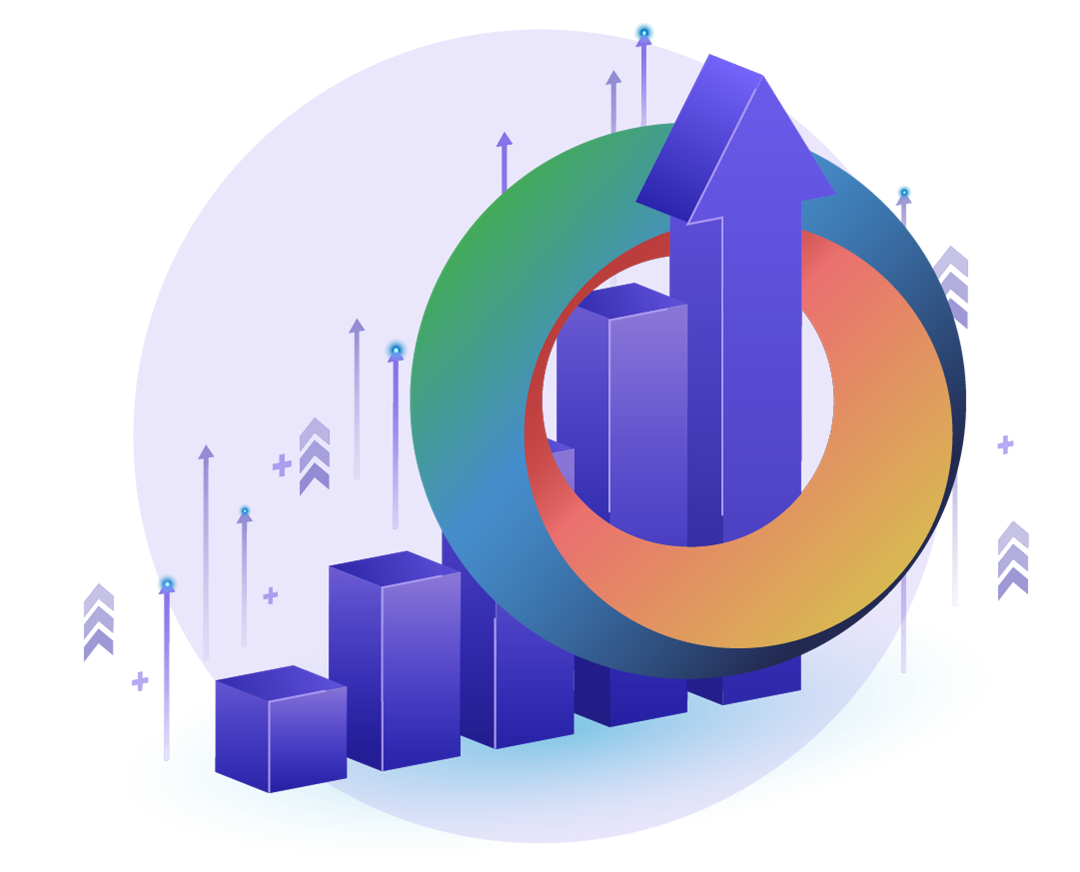 Illustration of a bar chart with an upward arrow encircled by a gradient-colored Orbus Software logo. The background features dynamic purple tones and additional rising arrows, symbolizing growth, progress, and success.