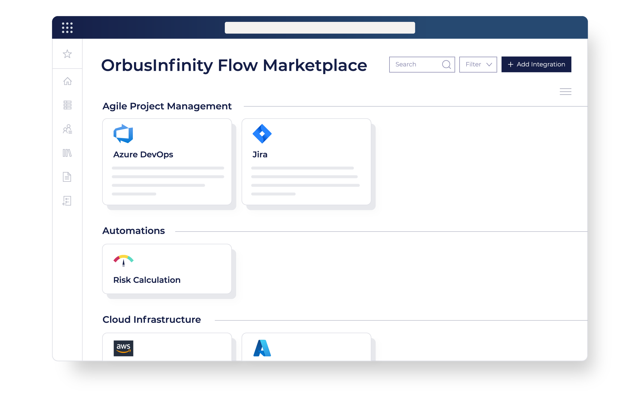 Menu view of OrbusInfinity Flow and its integrations